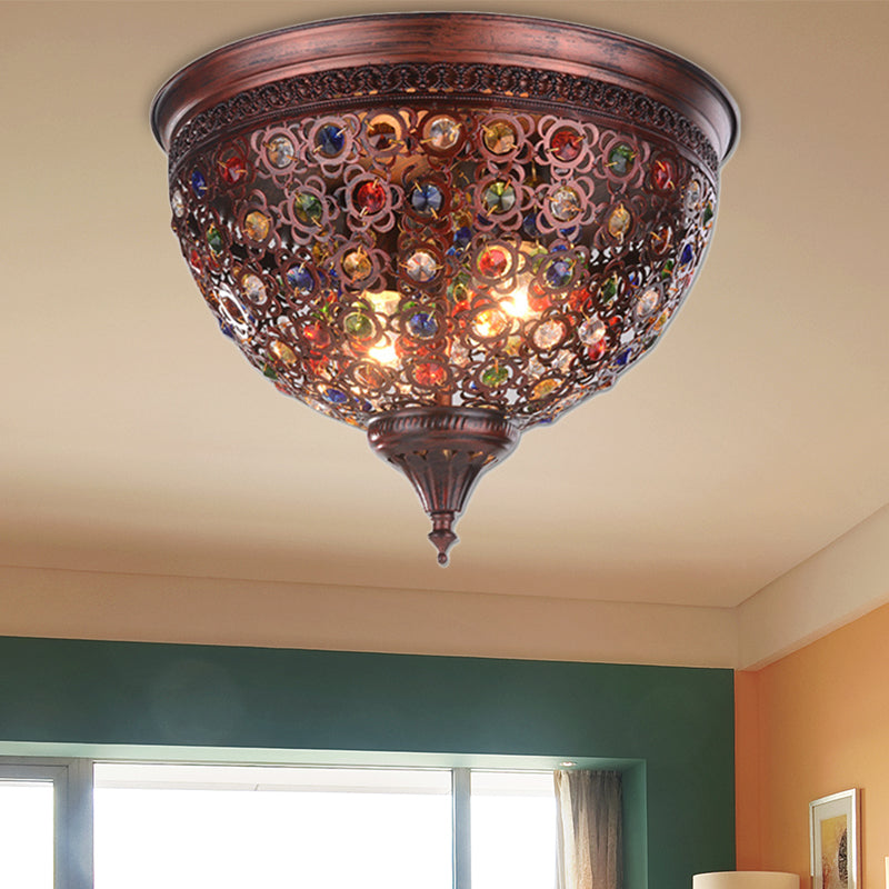 2 Lights Domed Flush Mount Fixture Vintage Metal Flush Ceiling Light with Crystal Bead in Weathered Copper