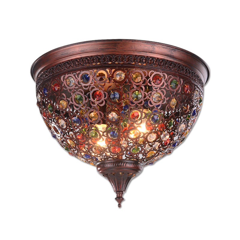 2 Luces Domed Rush Mount Fixture Vintage Metal Flush Techo light with Crystal Bead in Weathered Copper