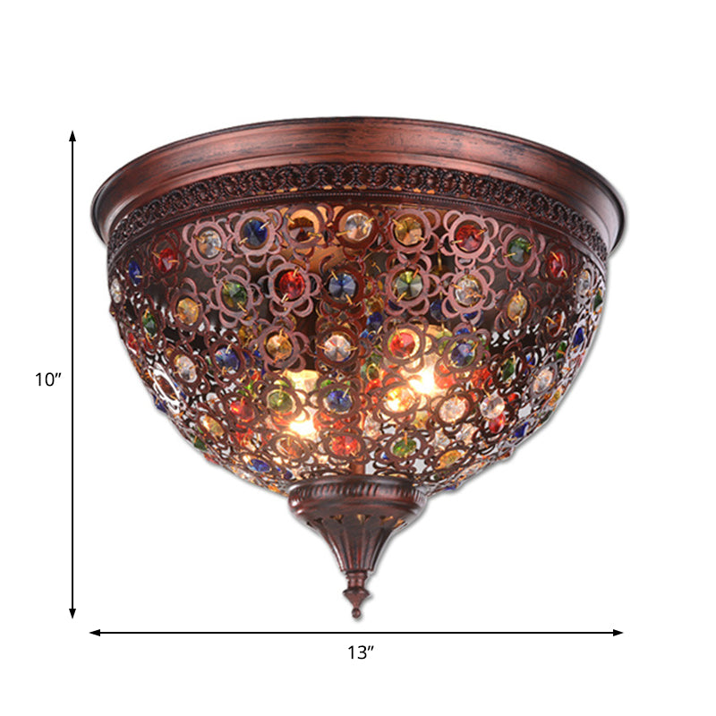 2 Luces Domed Rush Mount Fixture Vintage Metal Flush Techo light with Crystal Bead in Weathered Copper