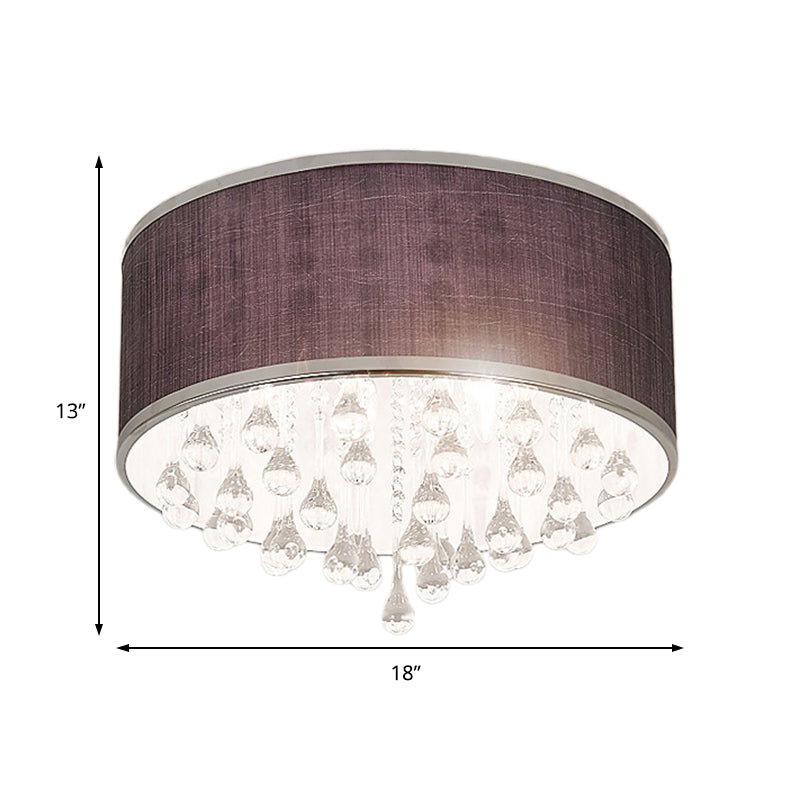 Black Drum Flush Pendant Light 6/8 Lights Contemporary Fabric Ceiling Lighting with Clear Teardrop Crystal Accent, 18 "/19.5" Dia