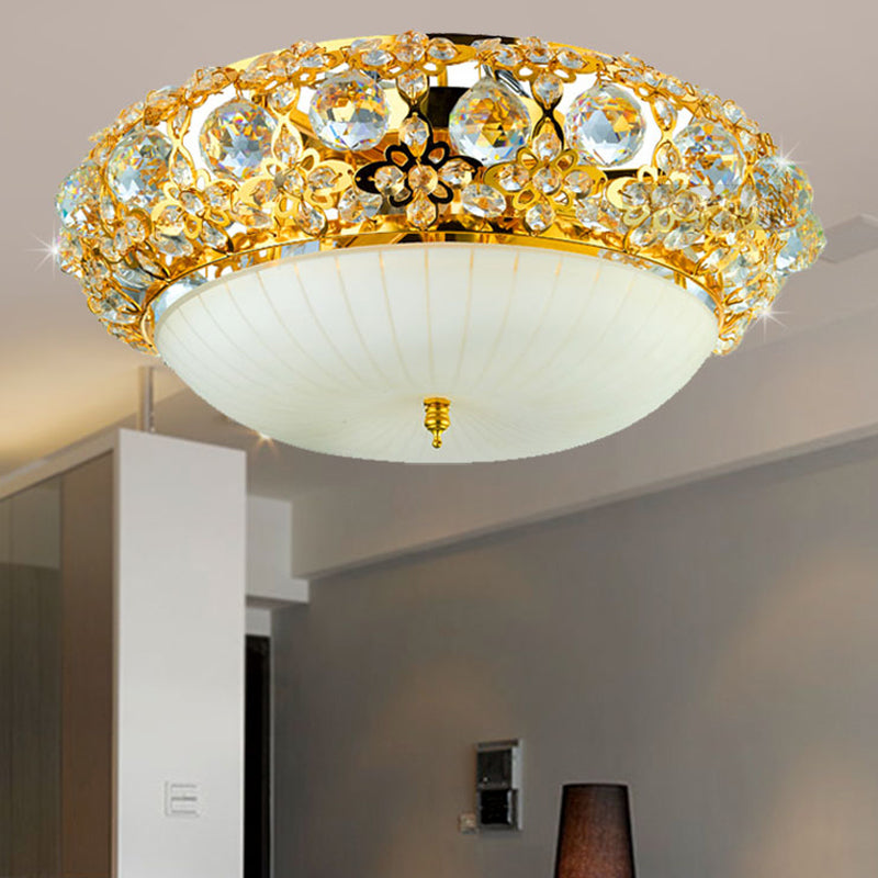 15"/19" W Bowl Semi Mount Lighting Modern Clear Crystal Multi Light Ceiling Fixture with Opal Glass Diffuser in Gold