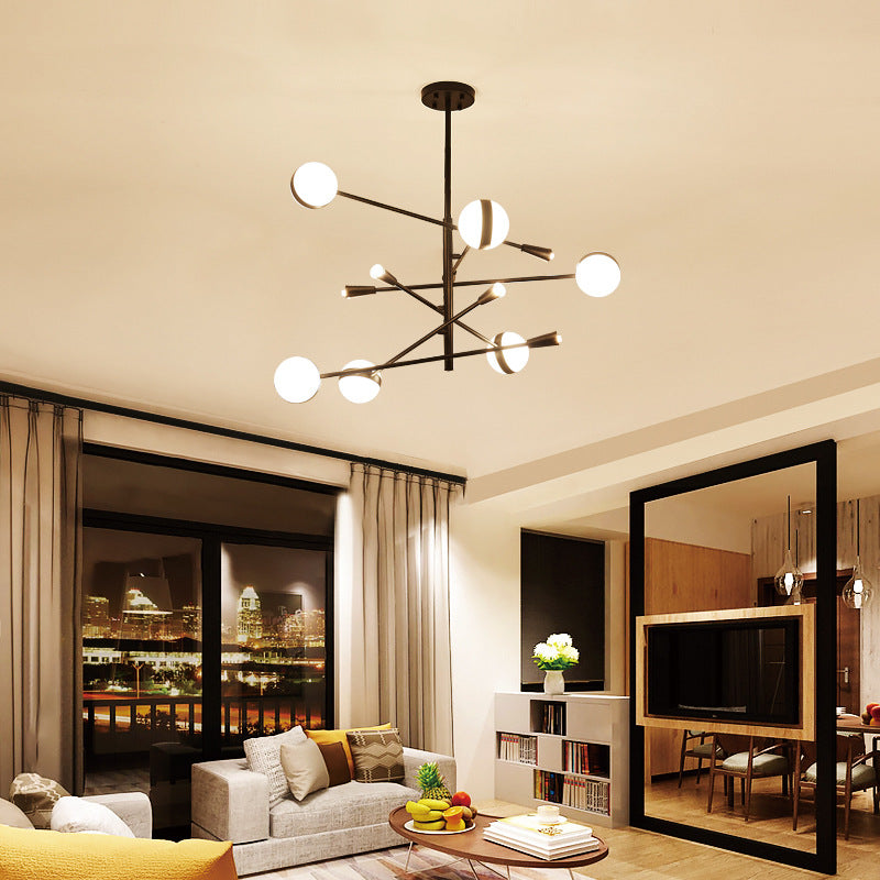 Modern Branch Iron LED Chandelier 10/12-Head Ceiling Pendant with White Glass Ball Shade