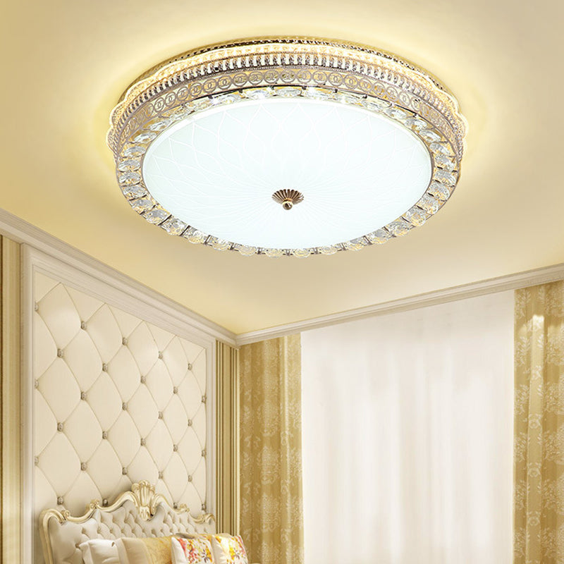 Metal Round Flush Lamp Modern LED Flush Light Fixture with Clear Crystal Accent and Frosted Glass Diffuser in Gold