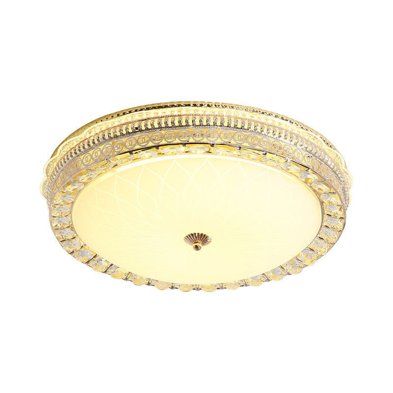 Metal Round Flush Lamp Modern LED Flush Light Fixture with Clear Crystal Accent and Frosted Glass Diffuser in Gold