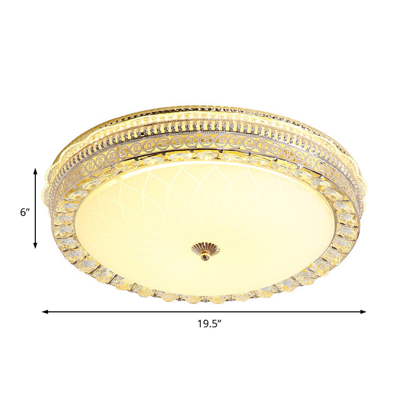 Metal Round Flush Lamp Modern LED Flush Light Fixture with Clear Crystal Accent and Frosted Glass Diffuser in Gold