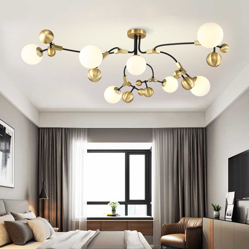 Modern Ball Hanging Lamp Iron 2/5/7-Head Bedroom Chandelier Pendant Light in Brass with White Glass Shade