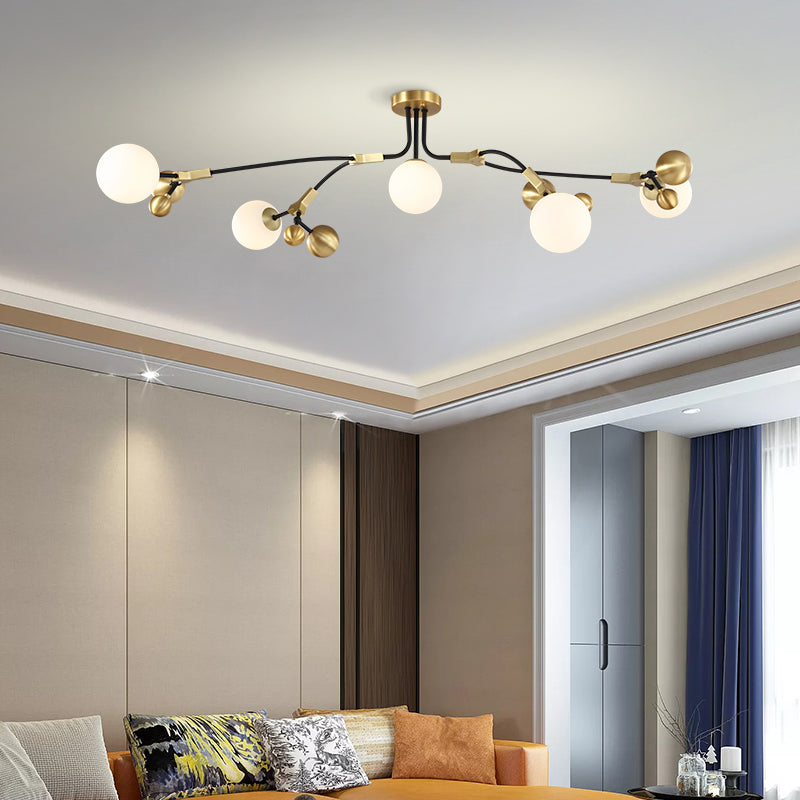 Modern Ball Hanging Lamp Iron 2/5/7-Head Bedroom Chandelier Pendant Light in Brass with White Glass Shade