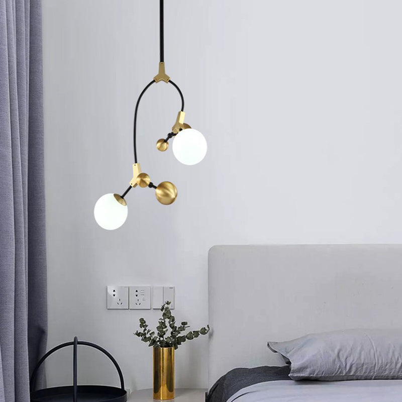 Modern Ball Hanging Lamp Iron 2/5/7-Head Bedroom Chandelier Pendant Light in Brass with White Glass Shade