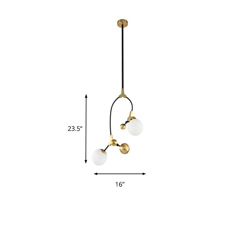 Modern Ball Hanging Lamp Iron 2/5/7-Head Bedroom Chandelier Pendant Light in Brass with White Glass Shade