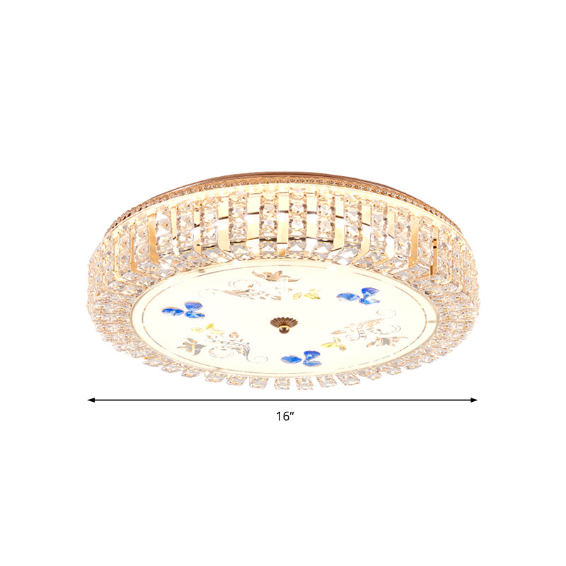 Golden Drum Flushmount Lighting Modern Crystal and Glass 16"/19.5" W Multi Light Ceiling Lamp with Flower Pattern