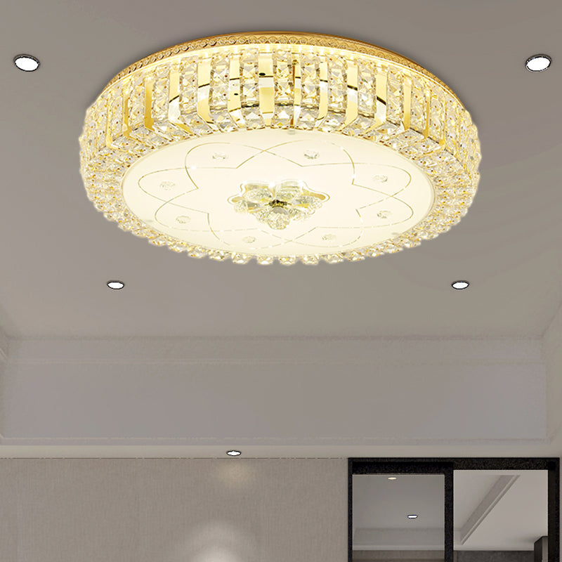 Golden Drum Flushmount Lighting Modern Crystal and Glass 16"/19.5" W Multi Light Ceiling Lamp with Flower Pattern