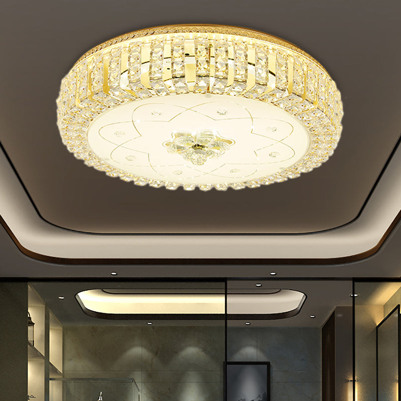 Golden Drum Flushmount Lighting Modern Crystal and Glass 16"/19.5" W Multi Light Ceiling Lamp with Flower Pattern