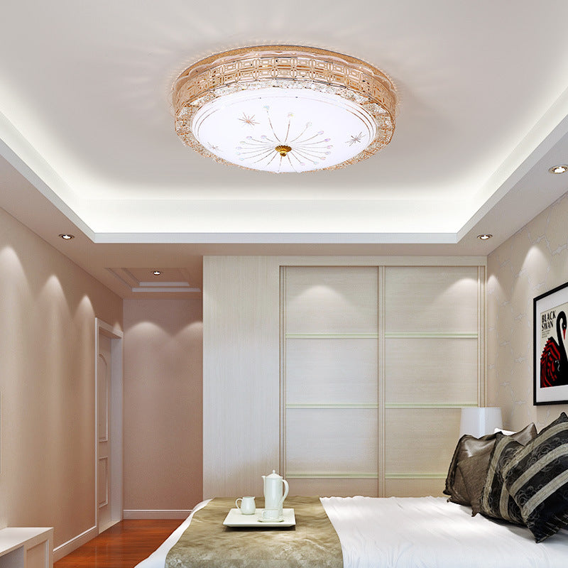 LED Circular Flush Pendant Light Vintage Style Frosted Glass Ceiling Flush Mount with Etched Metal Design in Gold