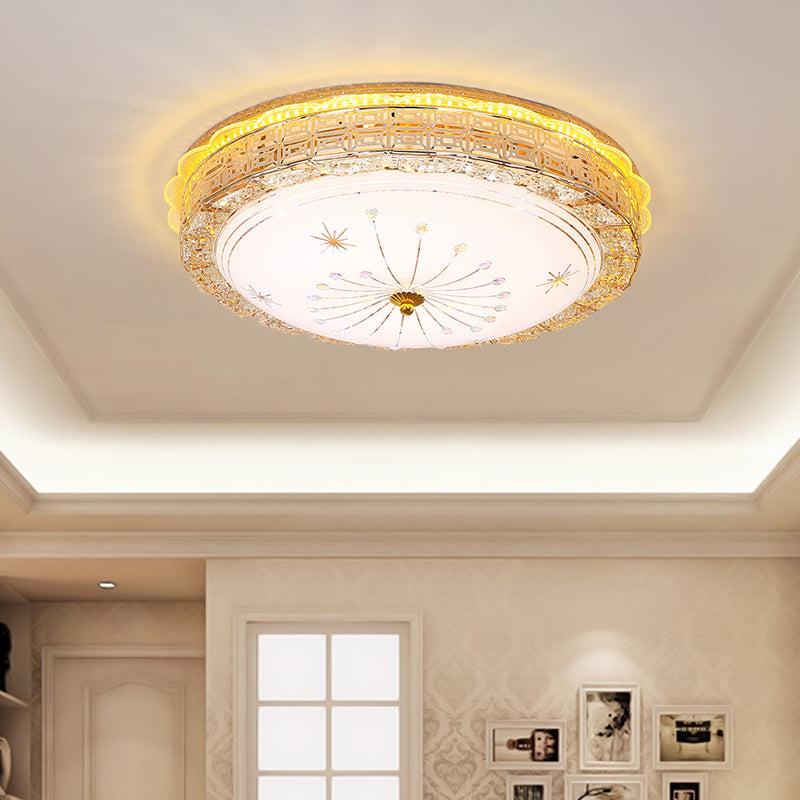 LED Circular Flush Pendant Light Vintage Style Frosted Glass Ceiling Flush Mount with Etched Metal Design in Gold