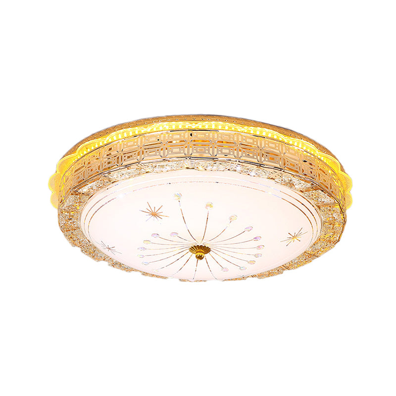 LED Circular Flush Pendant Light Vintage Style Frosted Glass Ceiling Flush Mount with Etched Metal Design in Gold