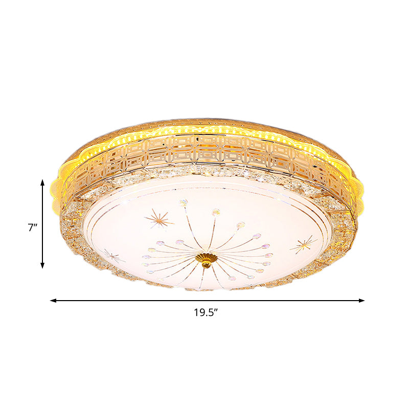 LED Circular Flush Pendant Light Vintage Style Frosted Glass Ceiling Flush Mount with Etched Metal Design in Gold