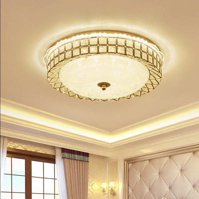 LED Circular Ceiling Light Modern Clear Crystal Flush Mount Lighting with Geometric Accent and White Glass Diffuser