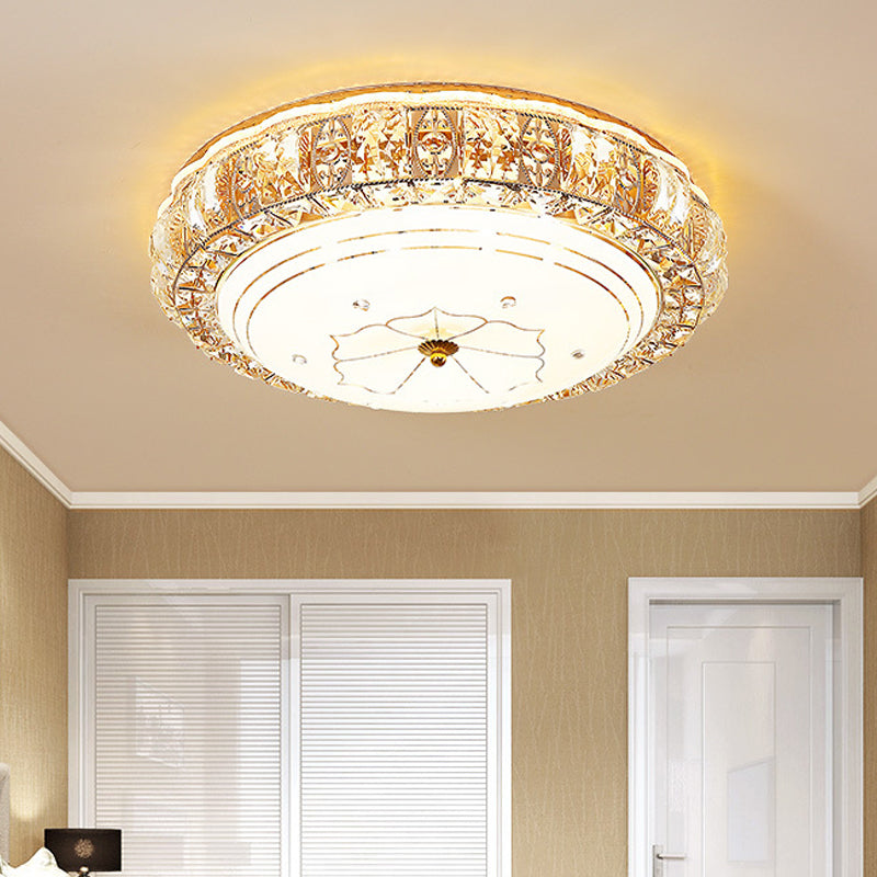 Clear K9 Crystal Round Ceiling Light Vintage Led Flush Mount Light with White Glass Diffuser and Flower Pattern