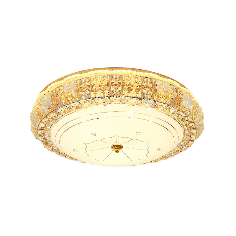 Clear K9 Crystal Round Ceiling Light Vintage Led Flush Mount Light with White Glass Diffuser and Flower Pattern