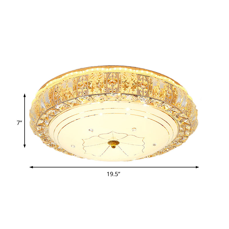 Clear K9 Crystal Round Ceiling Light Vintage Led Flush Mount Light with White Glass Diffuser and Flower Pattern