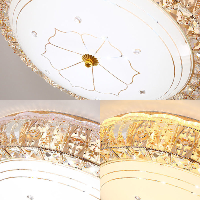 Clear K9 Crystal Round Ceiling Light Vintage Led Flush Mount Light with White Glass Diffuser and Flower Pattern