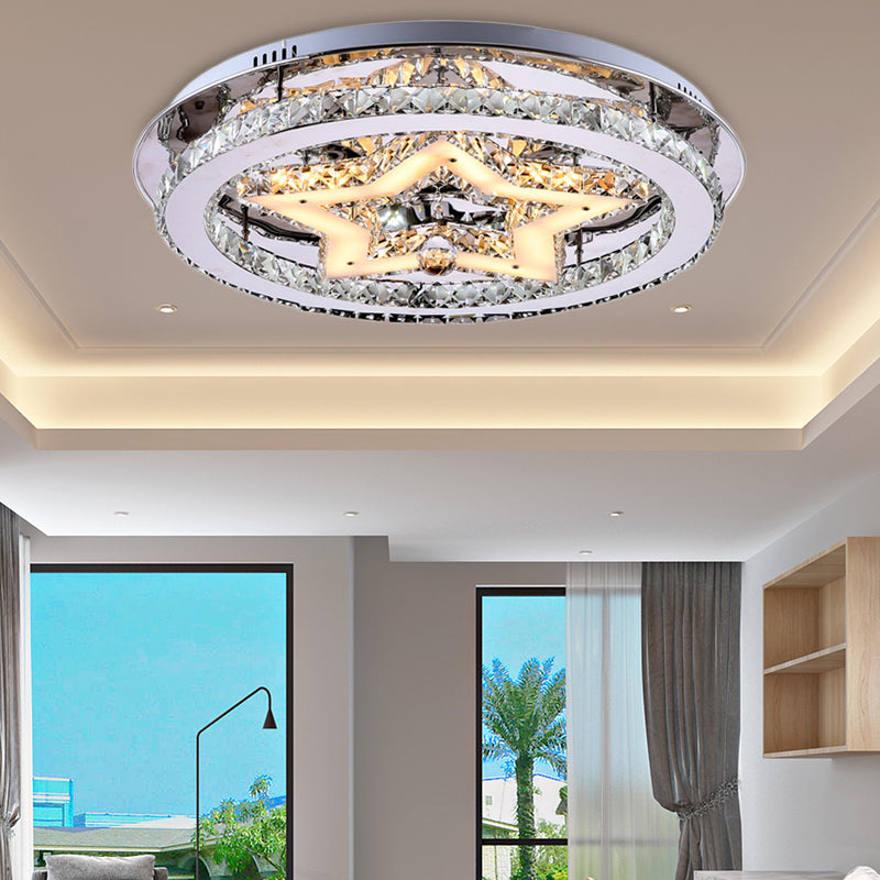 Modern Style Star Semi Flush Pendant Light with Round Shade Clear Crystal 16"/19.5"/23.5" W LED Ceiling Lighting in Chrome