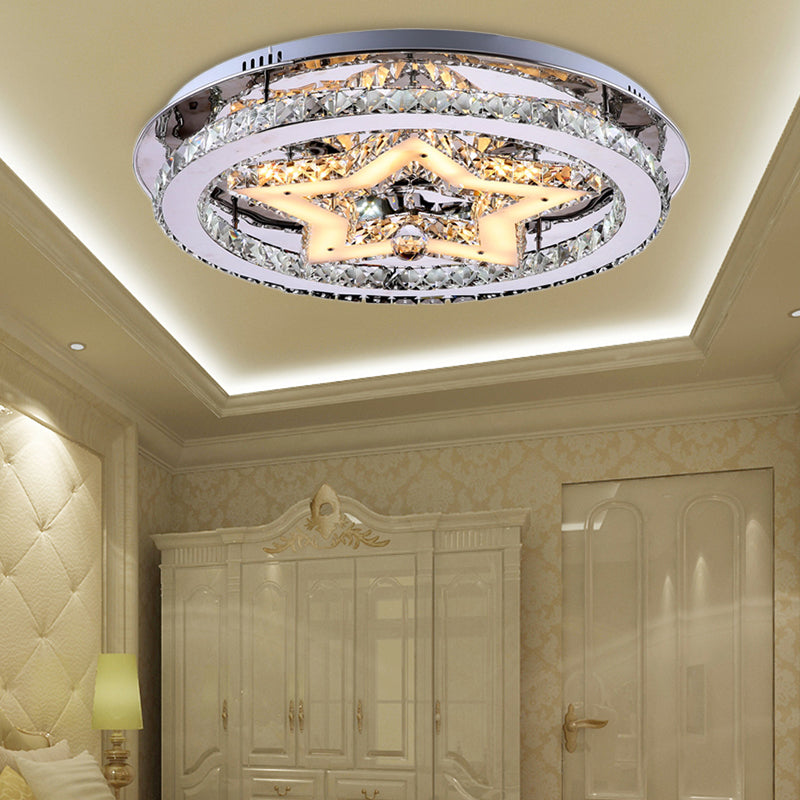 Modern Style Star Semi Flush Pendant Light with Round Shade Clear Crystal 16"/19.5"/23.5" W LED Ceiling Lighting in Chrome