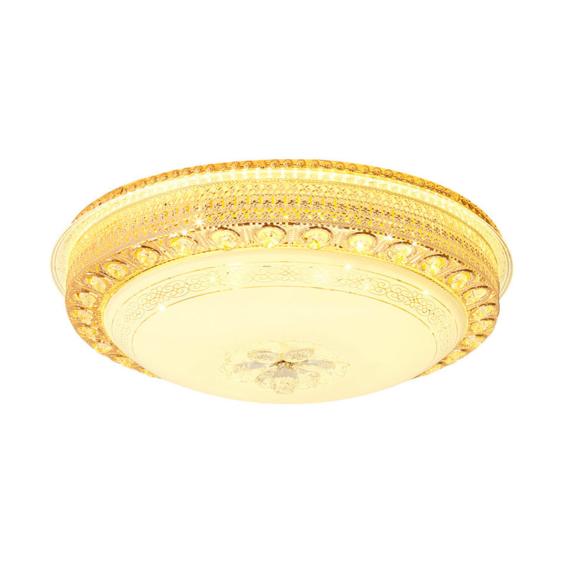 Opal Glass Bowl Flush Light LED Modernism Flush Ceiling Light with Crystal Accent and Hollow Out Design in Gold