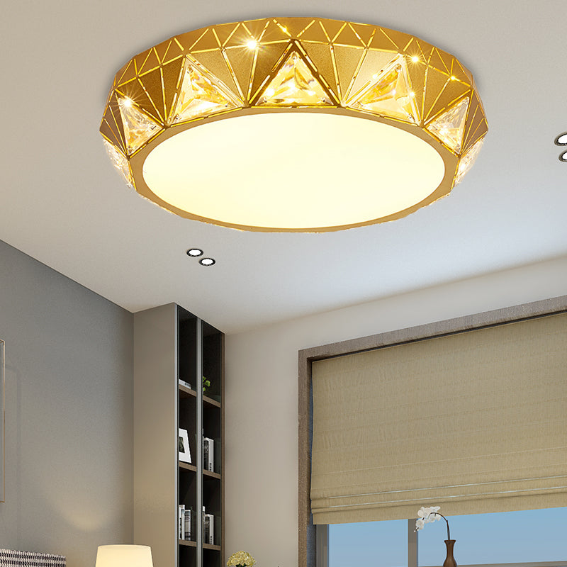 LED Geometric Ceiling Lamp Modern Metal and Acrylic Flush Mount Light with Triangle Crystal Accent in White/Gold, 12"/18" W