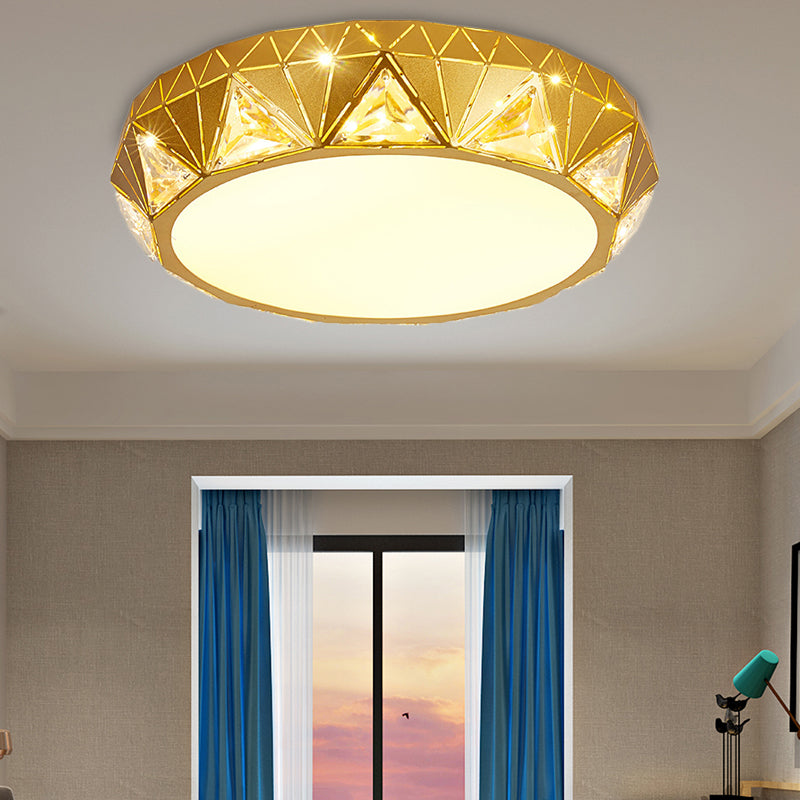 LED Geometric Ceiling Lamp Modern Metal and Acrylic Flush Mount Light with Triangle Crystal Accent in White/Gold, 12"/18" W