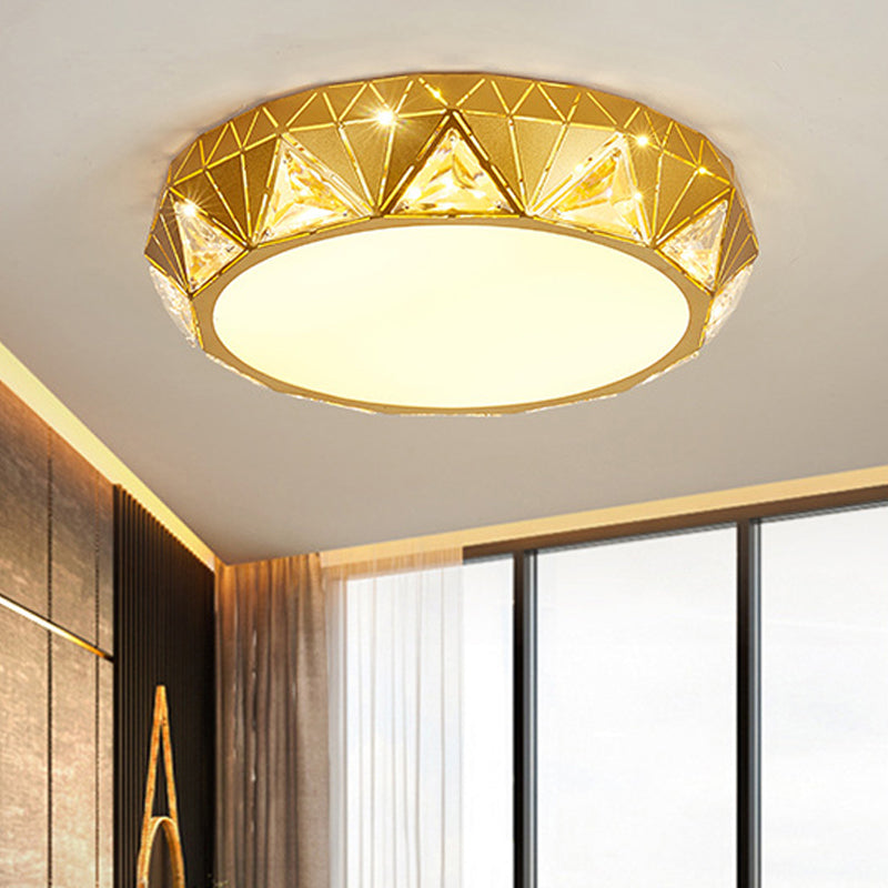 LED Geometric Ceiling Lamp Modern Metal and Acrylic Flush Mount Light with Triangle Crystal Accent in White/Gold, 12"/18" W