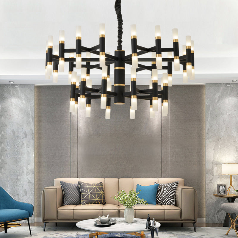 24/36/60 Lights LED Bedroom Chandelier with Tubular Iron Shade Modern Black/White Ceiling Pendant