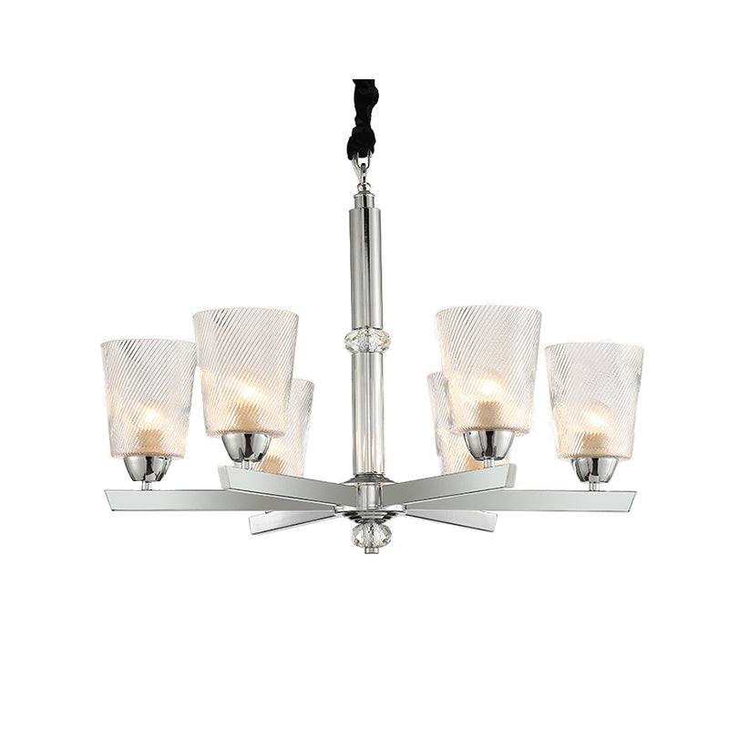 Cup Up Chandelier Pendant Modern Ribbed Glass 6 Lights Living Room Ceiling Lamp Kit in Chrome