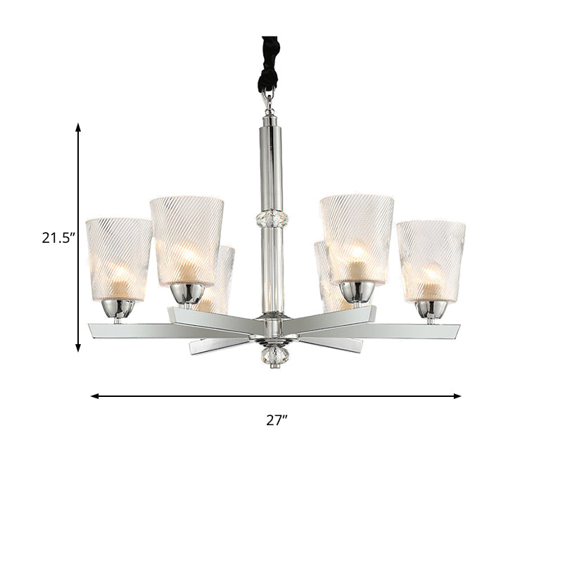 Cup Up Chandelier Pendant Modern Ribbed Glass 6 Lights Living Room Ceiling Lamp Kit in Chrome