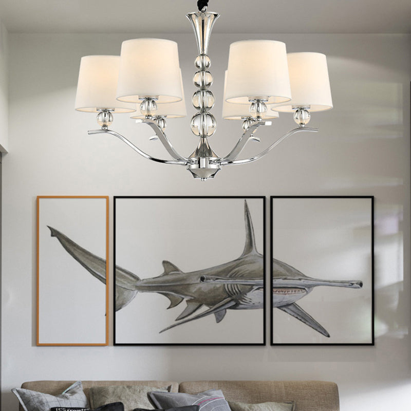 Minimalist 6-Head Ceiling Lamp with Fabric Shade Chrome Cone Chandelier Light for Dining Room