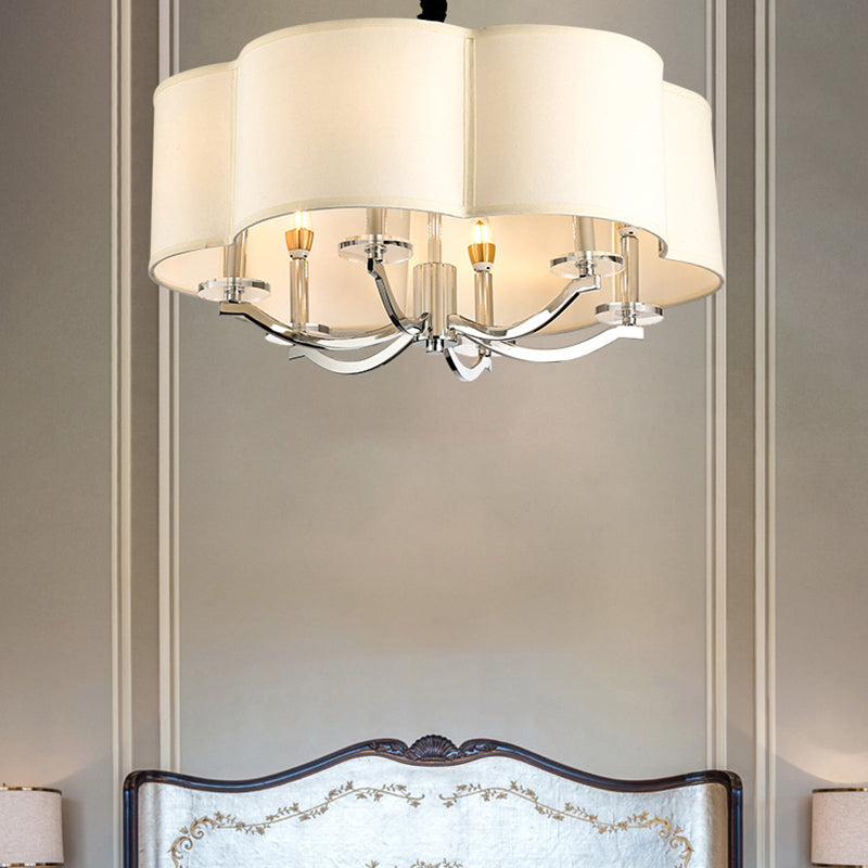 Drum Bedroom Chandelier Metal 6 Lights Simple Drop Pendant with Crystal Lamp Stand and Fabric Shade