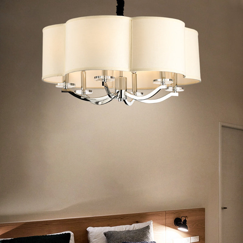 Drum Bedroom Chandelier Metal 6 Lights Simple Drop Pendant with Crystal Lamp Stand and Fabric Shade