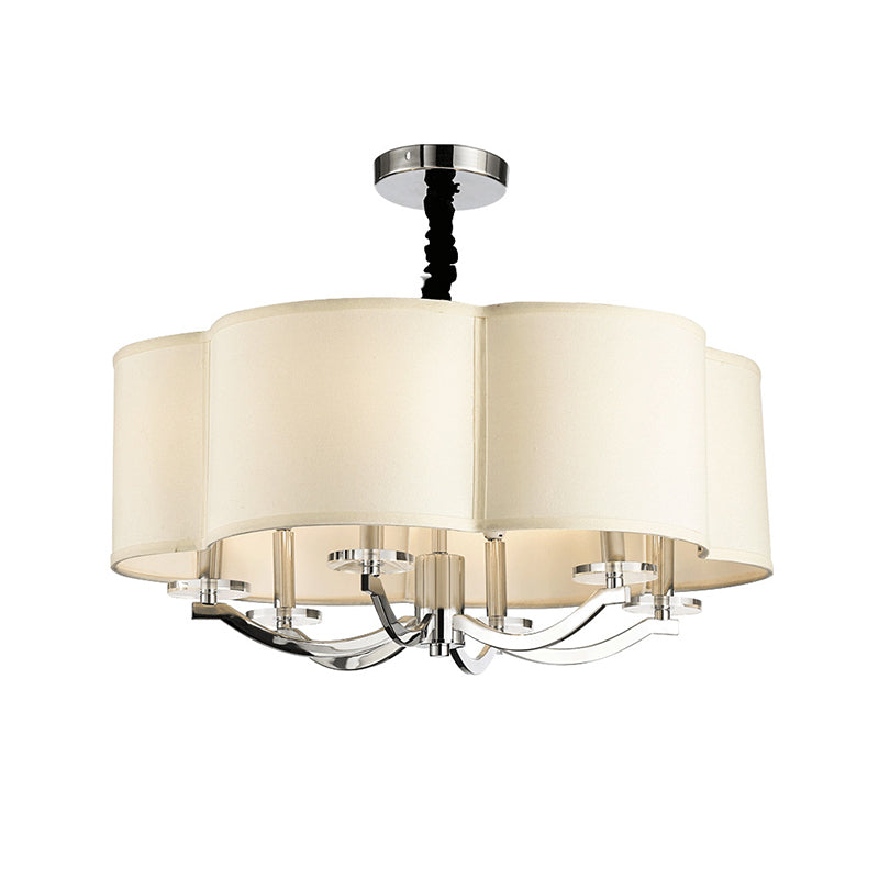 Drum Bedroom Chandelier Metal 6 Lights Simple Drop Pendant with Crystal Lamp Stand and Fabric Shade