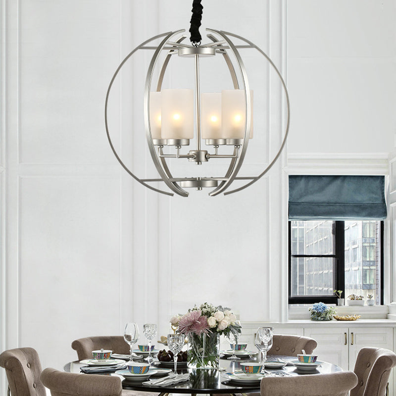 Cylinder Frosted Glass Hanging Light Contemporary 4-Head White Up Chandelier Pendant with Sphere Frame