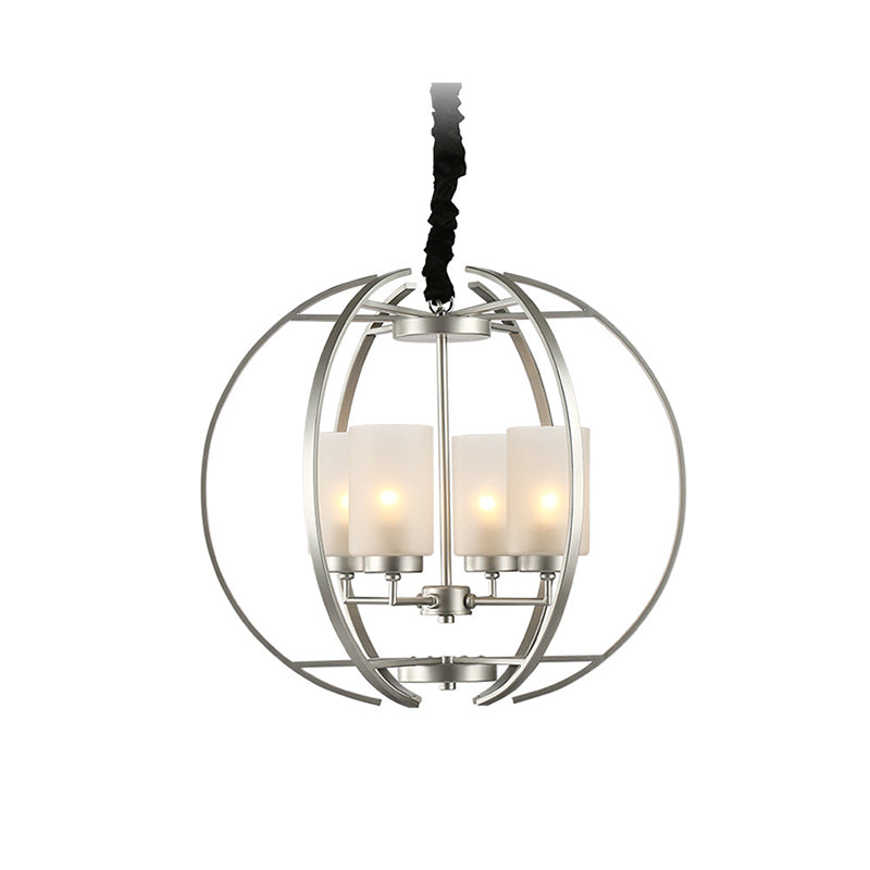 Cylinder Frosted Glass Hanging Light Contemporary 4-Head White Up Chandelier Pendant with Sphere Frame