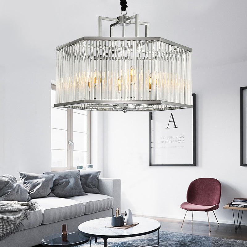 Modern 6-Light Chandelier Pendant with Clear Glass Shade Chrome Hexagonal Hanging Light Fixture