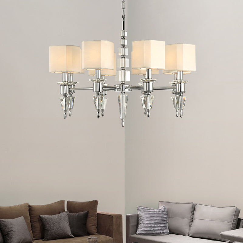 Iron Cube Ceiling Pendant Modern 6 Lights Chrome Hanging Chandelier Fixture with Fabric Shade