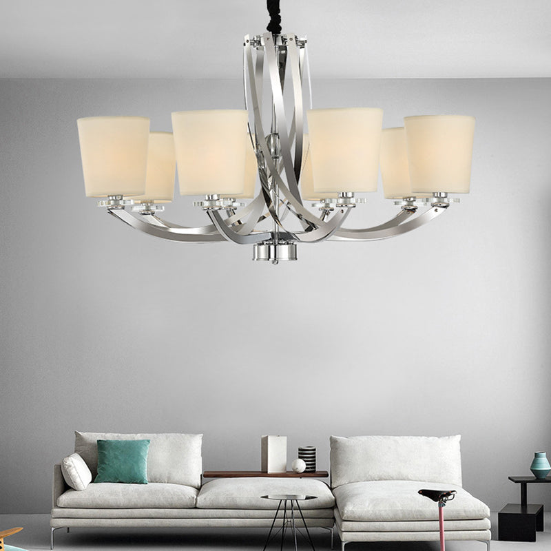 Silver Cylinder Chandelier Simple 6 Lights Iron Pendant Lighting Fixture with Fabric Shade