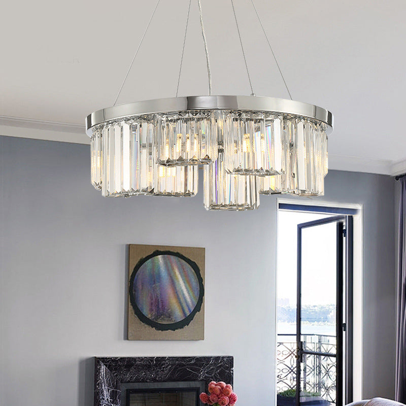 Simple Round Chandelier Lighting Crystal 10 Lights Living Room Hanging Ceiling Pendant in Chrome