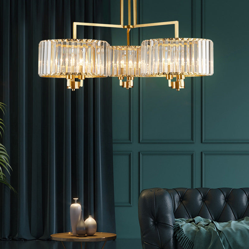 Drum Living Room Chandelier Lighting Clear Crystal 3/6/9 Heads Contemporary Suspension Light in Gold