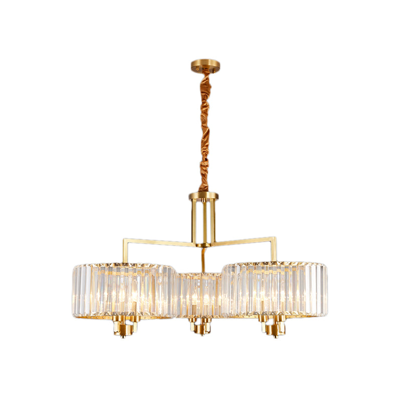 Drum Living Room Chandelier Lighting Clear Crystal 3/6/9 Heads Contemporary Suspension Light in Gold