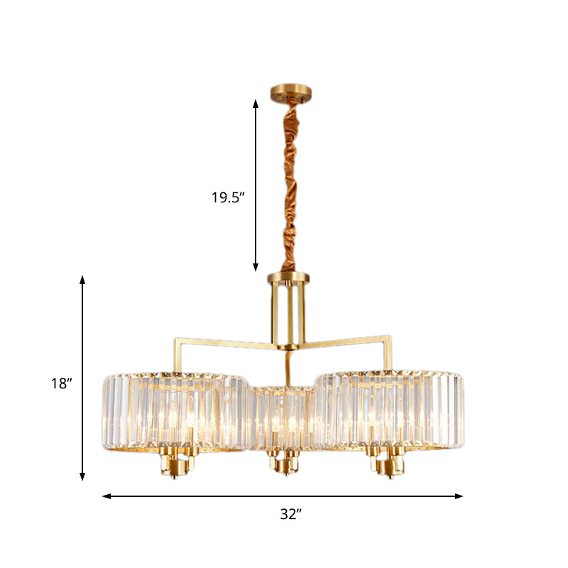 Drum Living Room Chandelier Lighting Clear Crystal 3/6/9 Heads Contemporary Suspension Light in Gold