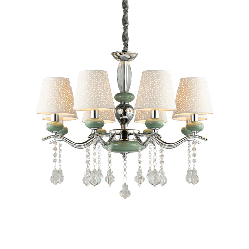 Nordic Cone Pendant Lamp Fabric 8 Lights Chandelier Light Fixture with Clear Crystal Drop in Green for Bedroom