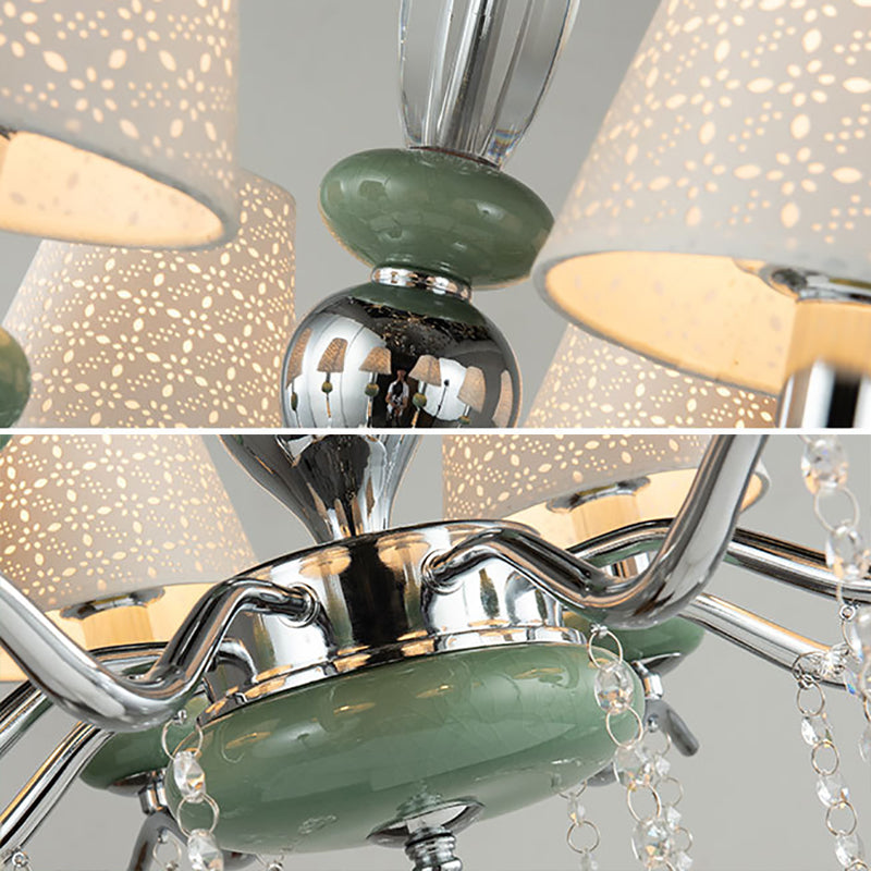 Nordic Cone Pendant Lamp Fabric 8 Lights Chandelier Light Fixture with Clear Crystal Drop in Green for Bedroom