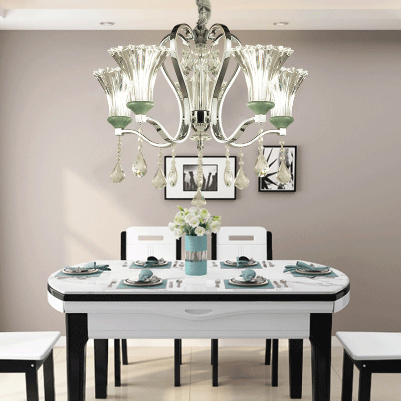 5 Bulbs Bell Shade Chandelier Lighting Modern Stylish Glass and Crystal Pendant Lighting in Green Finish